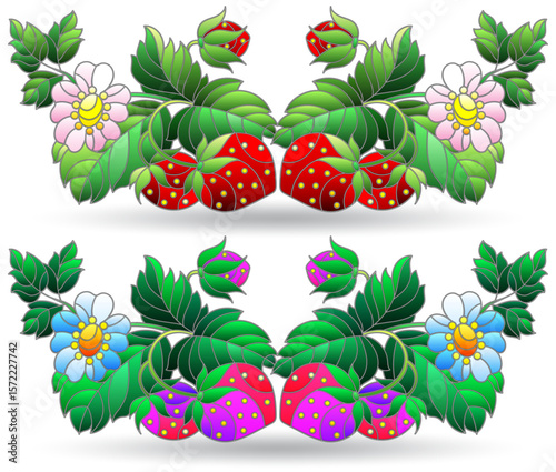 Set of stained glass illustrations with compositions of berries and strawberry leaves, isolated on a white background