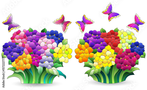 Set of stained glass illustrations with bouquets of hydrangea flowers isolated on a white background