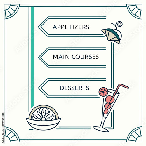 Restaurant menu with appetizers main courses desserts and drinks cocktail