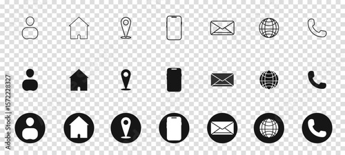 business card and website icon set. contact information icons containing name, location, phone, email and web address symbol. transparent and vector illustration.