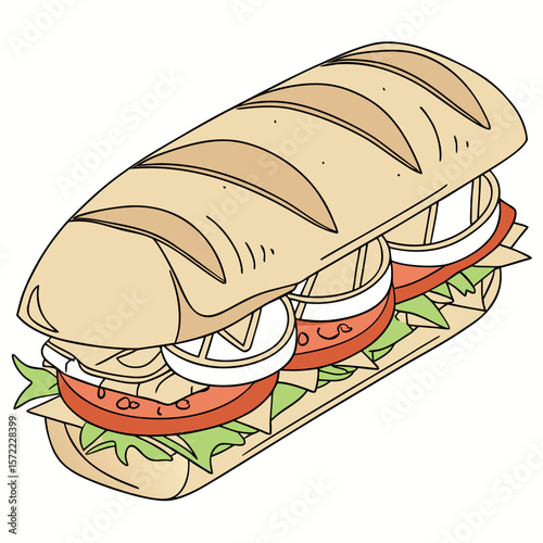 Long sandwich with lettuce tomato onion and cheese baguette bread