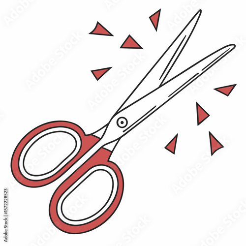 Red handled scissors cutting red triangles sharp