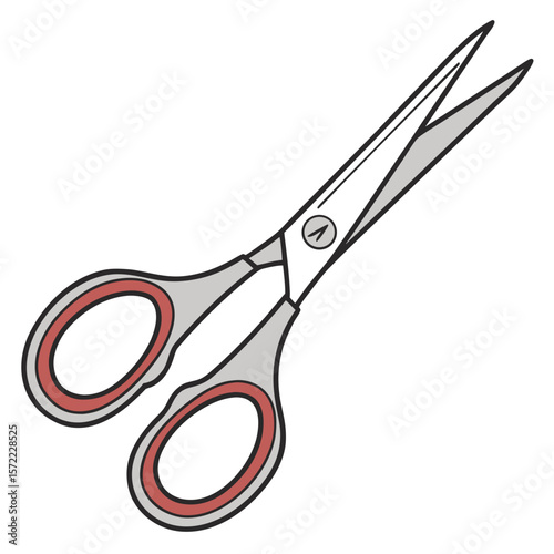 Silver scissors with red accents on white cutting tool