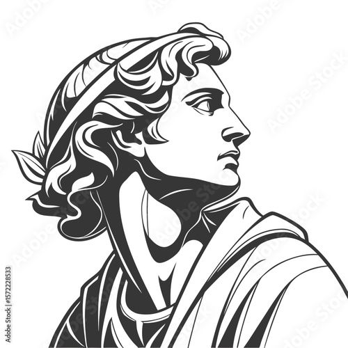 Greek god sculpture profile with laurel wreath statue