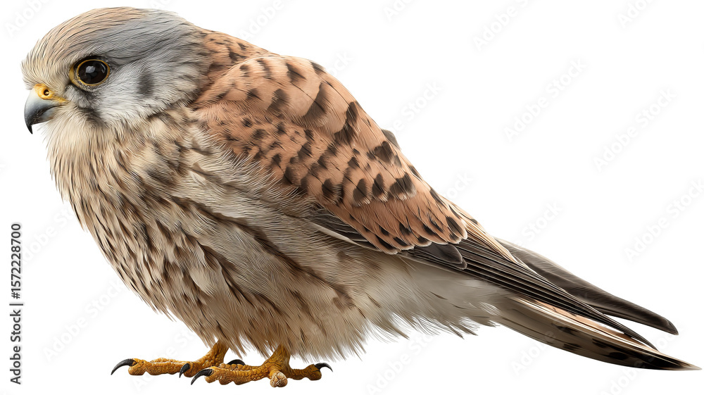 Fototapeta premium Majestic kestrel in flight with wings spread, isolated on transparent background for seamless cutout use