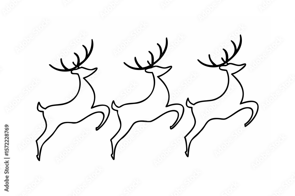 Fototapeta premium Three bounding reindeer outlines silhouette black and white