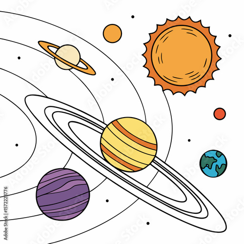 Colorful planets and sun with orbital paths solar system earth