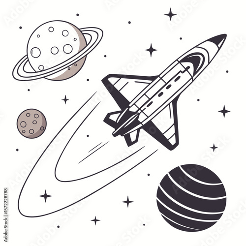 Rocket ship flying past planets and stars spaceship space