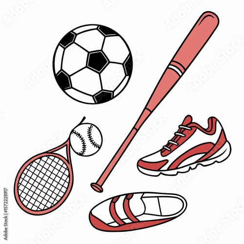 Sports equipment collection soccer baseball tennis shoe sandal soccer ball tennis racket
