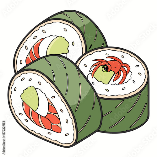 Green seaweed sushi rolls with shrimp and avocado maki nori