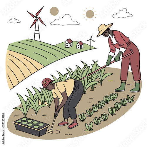 Farmers tending crops with windmill and houses in background farming agriculture