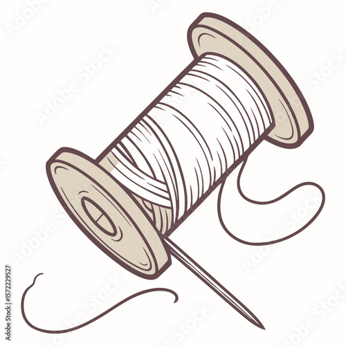 Beige thread spool with needle and loose thread sewing craft
