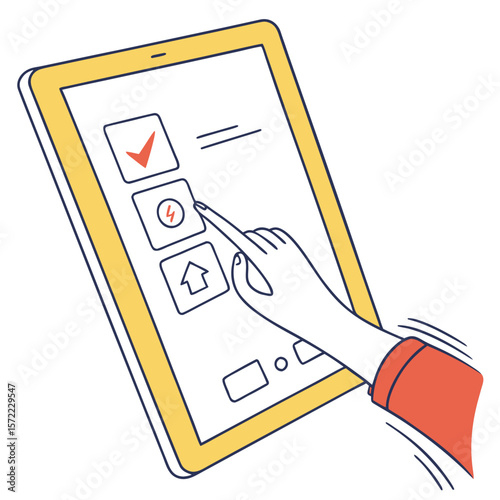 Hand touching tablet screen with icons and checkmark touch screen finger