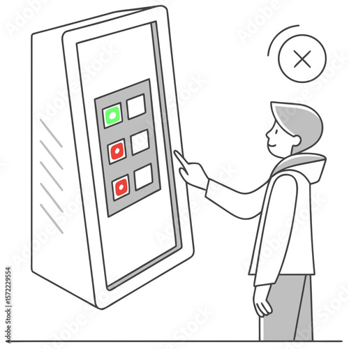 Person interacting with digital kiosk showing red and green buttons touch screen