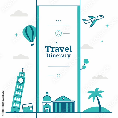Travel itinerary design with landmarks and transportation vacation trip
