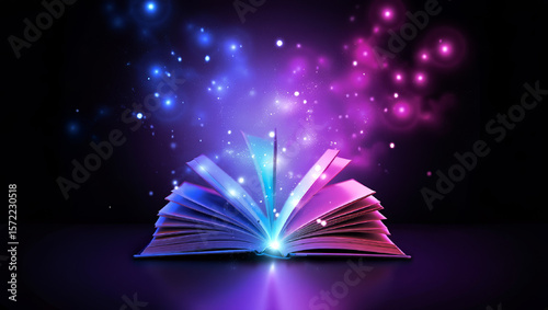Open book emitting colorful, glowing light rays, symbolizing knowledge, imagination, and the magic of reading. AI generated.

