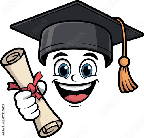 Graduation celebration: cartoon character with diploma and cap for academic achievement and success day