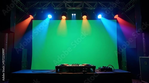 A vibrant DJ stage glows with flashing lights and colorful beams sweeping across a green screen, creating dynamic 4k footage.
