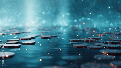 Wallpaper Mural Abstract, metallic discs on a dark, water-like surface Torontodigital.ca