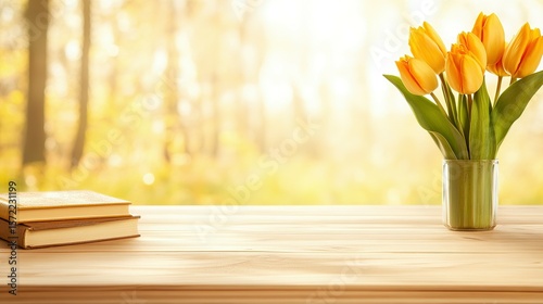 A bouquet of tulips in a clear vase on a wooden table with books.
