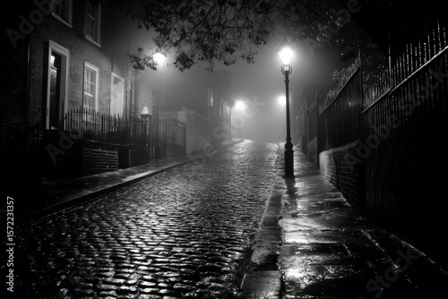 Rainy film noir street scene with glowing streetlamp and misty cobblestones