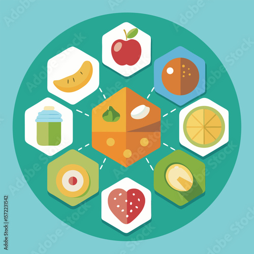 A colorful illustration of assorted healthy foods arranged around a central cheese piece representing a balanced nutritional diet