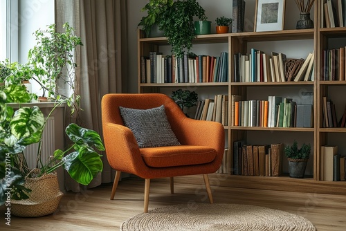 Wooden bookshelf and armchair positioned in a Scandinavian interior design for a modern living room, providing functionality and style, Generative AI
