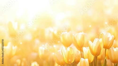 A field of pale yellow tulips bathed in sunlight.