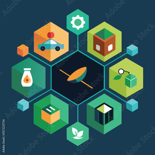 Abstract geometric vector design featuring interconnected hexagonal shapes representing various concepts and icons in a modern illustrative style.