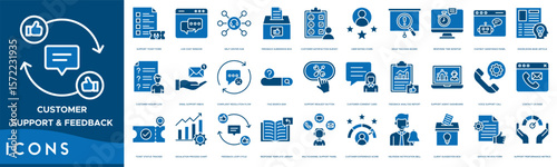 Customer Support and Feedback icon set. Support Ticket Form, Live Chat Window, Help Center Hub, Feedback Submission Box, Customer Satisfaction Survey and User Rating Stars