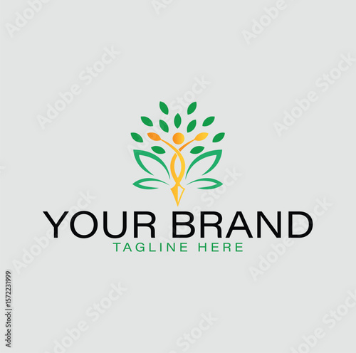 A logo design featuring a stylized person rising from a tree of life