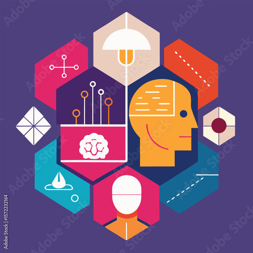 Abstract illustration representing artificial intelligence and the concept of interconnected information and complex systems within the human mind