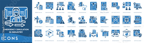 Emergency Simulation in Industry icon set. Emergency Drill Plan, Simulation Control Panel, Crisis Response Training, Incident Scenario Setup, Evacuation Route Map and Alarm Activation Test