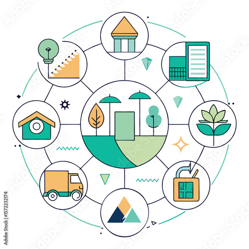 Abstract illustration representing interconnected concepts such as real estate ideas logistics financial growth and sustainable development using a modern graphic design
