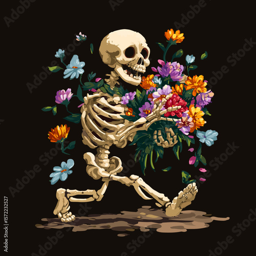 Skeleton With Flowers Vector Illustration