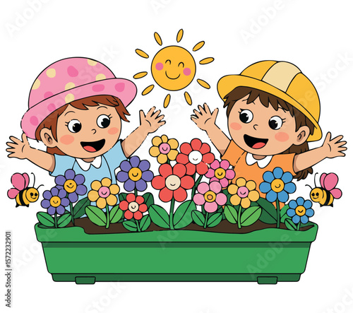 Illustration of kids gardening with flowers and sun for children's books and educational material