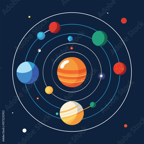 Colorful artistic illustration of the solar system with planets orbiting the sun depicted in a simplified vector design