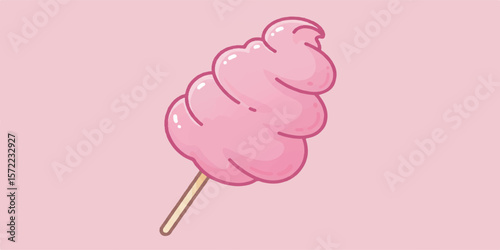 Whimsical vector illustration of cotton candy on a stick, featuring soft pastel colors and clean outlines
