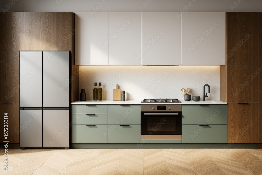 Fototapeta premium Modern minimalist kitchen interior with wooden and matte cabinets, soft lighting, and clean design in contemporary home decor style.