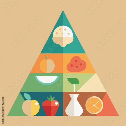 Colorful illustration depicting a balanced food pyramid with various fruits and vegetables representing healthy eating and a balanced diet.