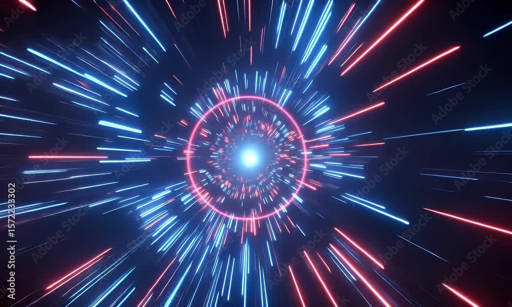 Abstract light-speed tunnel background with blue and red rays of energy for futuristic motion graphics or video animation
