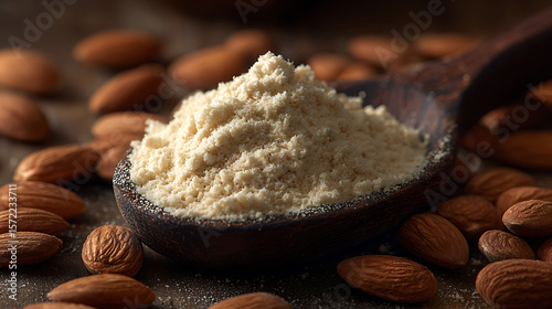Closeup Almond Flour in Spoon with Whole Almonds Around It
