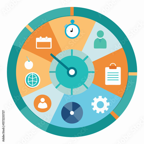 Conceptual design of a circular time management tool featuring various business icons and a clock face representing productivity and planning.