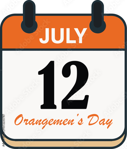 Calendar with July 12 marked as Orangemen's Day, featuring bold black numbers and orange header for cultural event reminder or date highlight