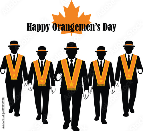 Orangemen's Day parade illustration with five men in suits and hats marching forward beneath an orange maple leaf and festive holiday greeting