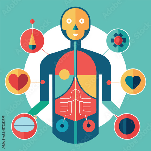 Conceptual illustration of a human body with internal organs and related health symbols arranged in a flat design