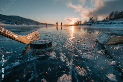 Vintage ice hockey game on a frozen lake at sunset with classic gear