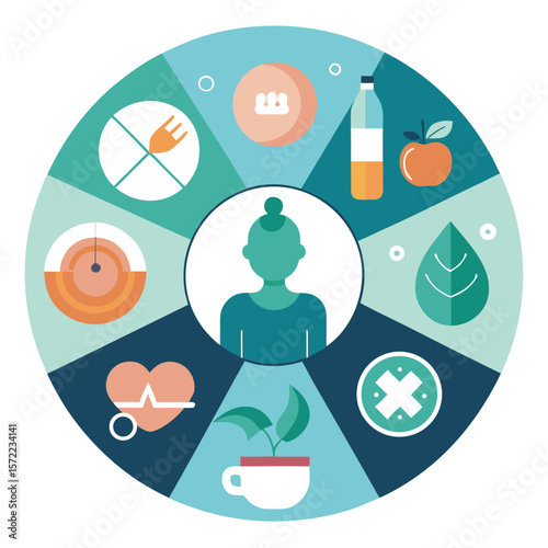 Healthy lifestyle concept represented by a circular diagram with diverse elements including food nutrition and well being