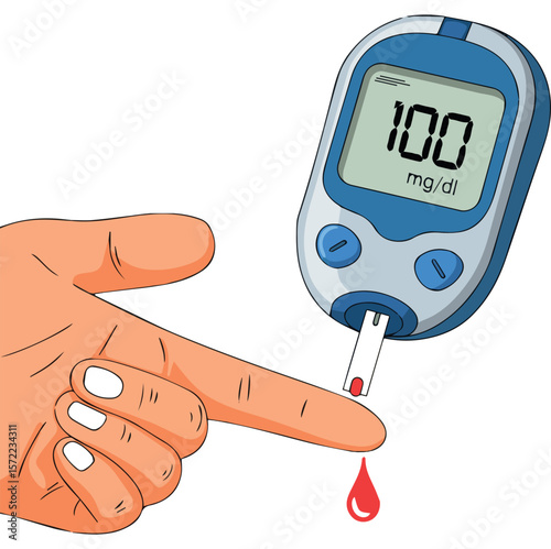 Diabetes blood sugar glucose test checking level with meter for health monitoring and management concept
