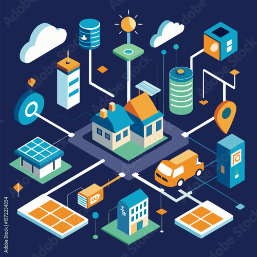 Isometric illustration depicting renewable energy sources sustainable living smart city and green technology interconnected for efficiency.